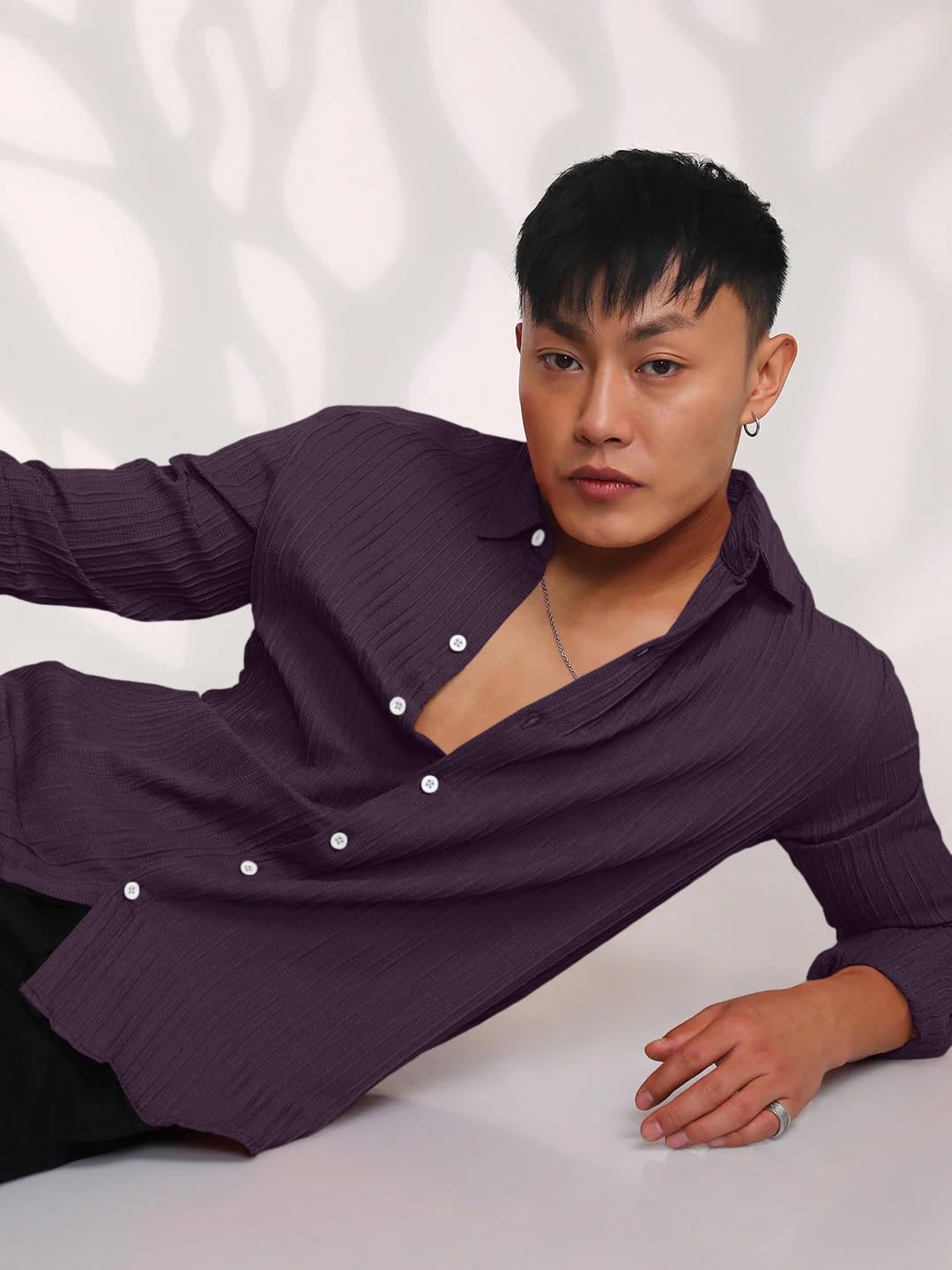 Finivo Fashion MenS Casual Cotton Striped Button Down Shirts Long Sleeve Textured Summer Beach Shirt For Men Purple