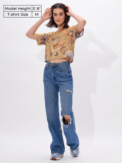 The Souled Store Explorer Women and Girls Short Sleeves Round Neck Brown All Over Printed Cotton Oversized Cropped T-Shirts