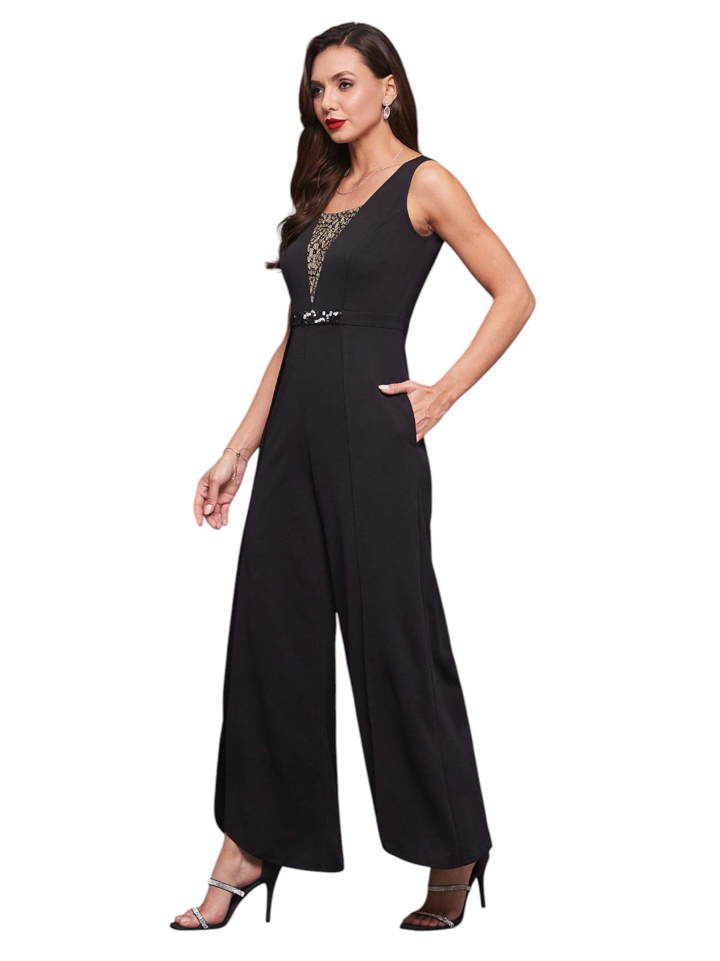 Miss Chase Womens Black Square Neck Sleeveless Embellished Layered Regular-Length Polyester Jumpsuit (MCSS25D93-84-328-03, Ink 