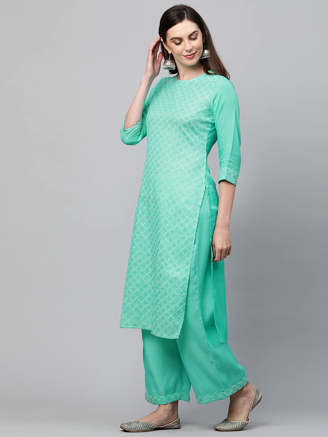 ANNI DESIGNER Women's Cotton Straight Kurta with Palazzo (KPZ-COT-10006-SEA Green)