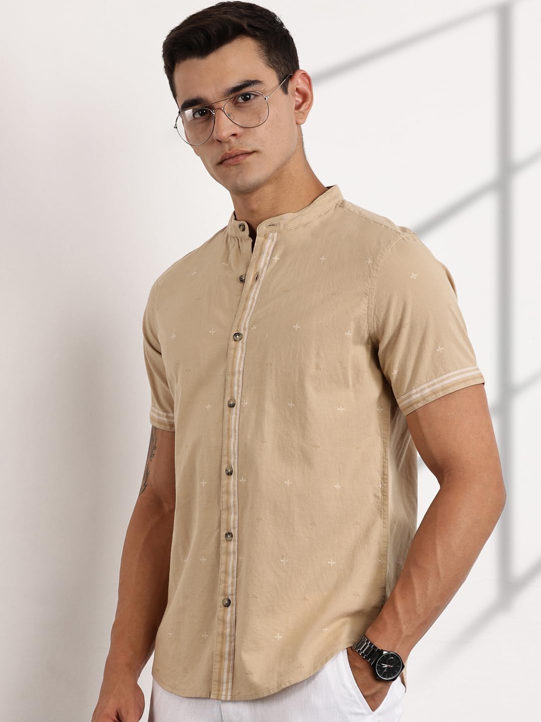Thomas Scott Half Sleeve Self Printed Mandarin Collar Casual Shirts for Men Beige