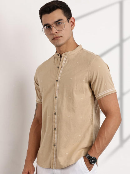 Thomas Scott Half Sleeve Self Printed Mandarin Collar Casual Shirts for Men Beige