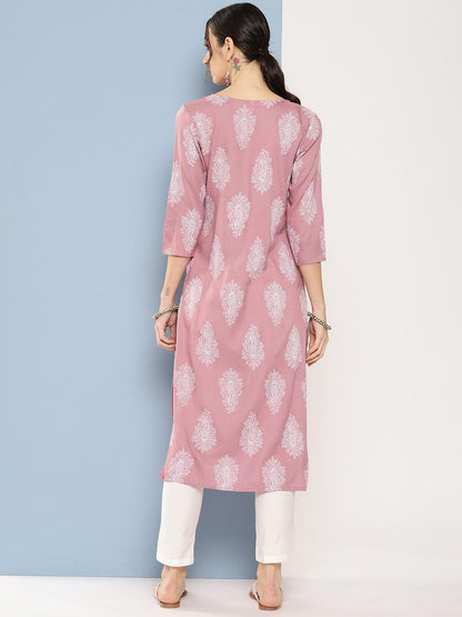 anubhutee Women's Cotton Ethnic Motifs Pink Straight Kurta