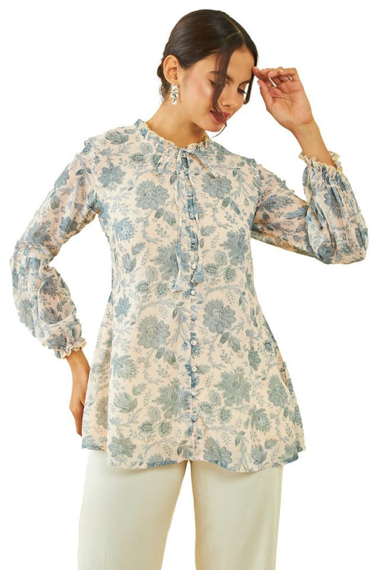 Soch Womens Beige Georgette Floral Print Ruffle-Neck A-Line Tunic