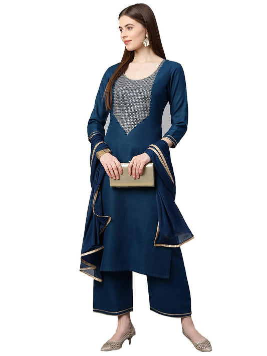 GoSriKi Women's Cotton Kurti with Palazzos & Dupatta