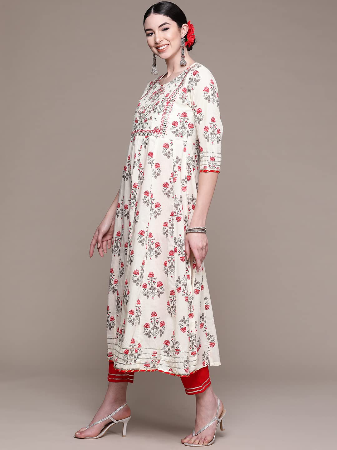 anubhutee Women's Cotton White Floral Embroidered A-Line Kurta Suit Set With Pants And Dupatta