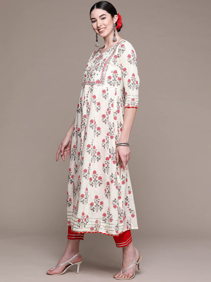 anubhutee Women's Cotton White Floral Embroidered A-Line Kurta Suit Set With Pants And Dupatta