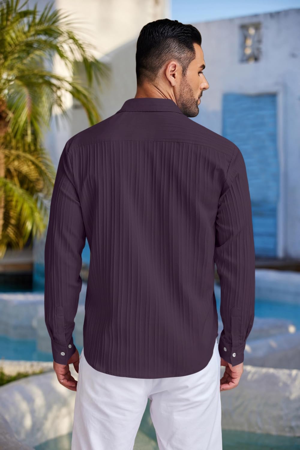 Finivo Fashion MenS Casual Cotton Plain Button Down Shirt Long Sleeve Textured Summer Beach Shirt For Men Purple