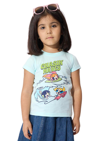 The Souled Store Official Powerpuff Girls : ChasinWaves Girls Round Neck Multicolor Graphic Printed Cotton Half Sleeve T-Shirts
