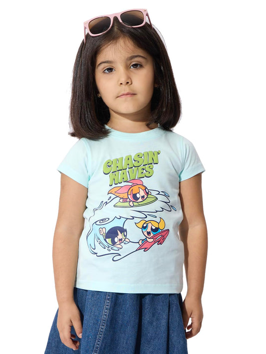 The Souled Store Official Powerpuff Girls : ChasinWaves Girls Round Neck Multicolor Graphic Printed Cotton Half Sleeve T-Shirts