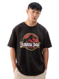 The Souled Store Official Jurassic Park: Logo Vintage Wash Men and Boys Short Sleeves Round Neck Black Graphic Printed Cotton Ov