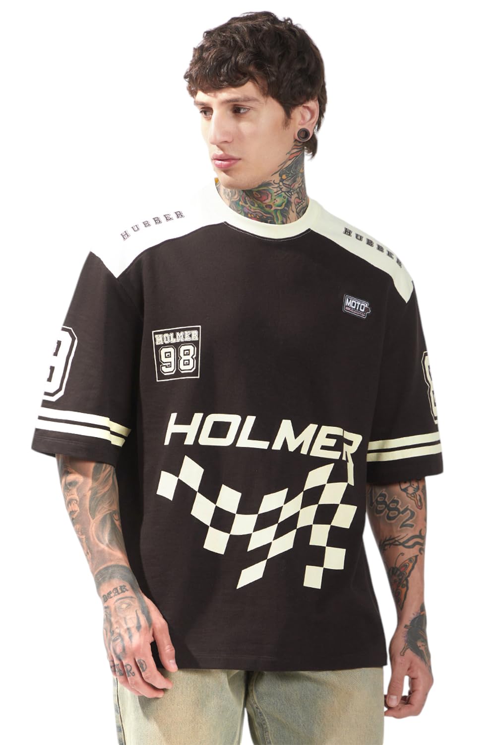 Hubberholme Men Cotton Terry Printed Oversized Round Neck Half Sleeves Tshirts 12 Brown
