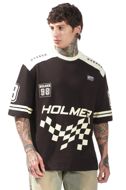 Hubberholme Men Cotton Terry Printed Oversized Round Neck Half Sleeves Tshirts 12 Brown