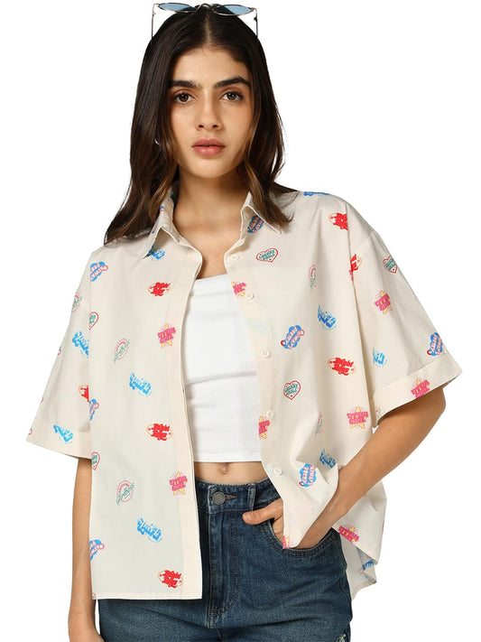 Bewakoof WomenS All Over Printed Oversized Fit Extended Sleeve Collar Cotton-Poplin Shirt_685551_Off White_Xl