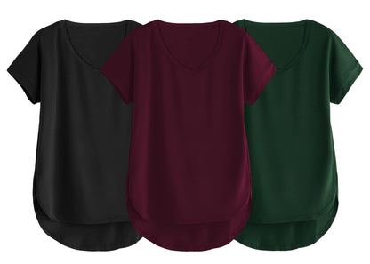 Fabricorn Combo Of Three Plain Bottle Green, Black And Wine V-Neck Up And Down Cotton Tshirt For Women (Bottle Green, Black, Win
