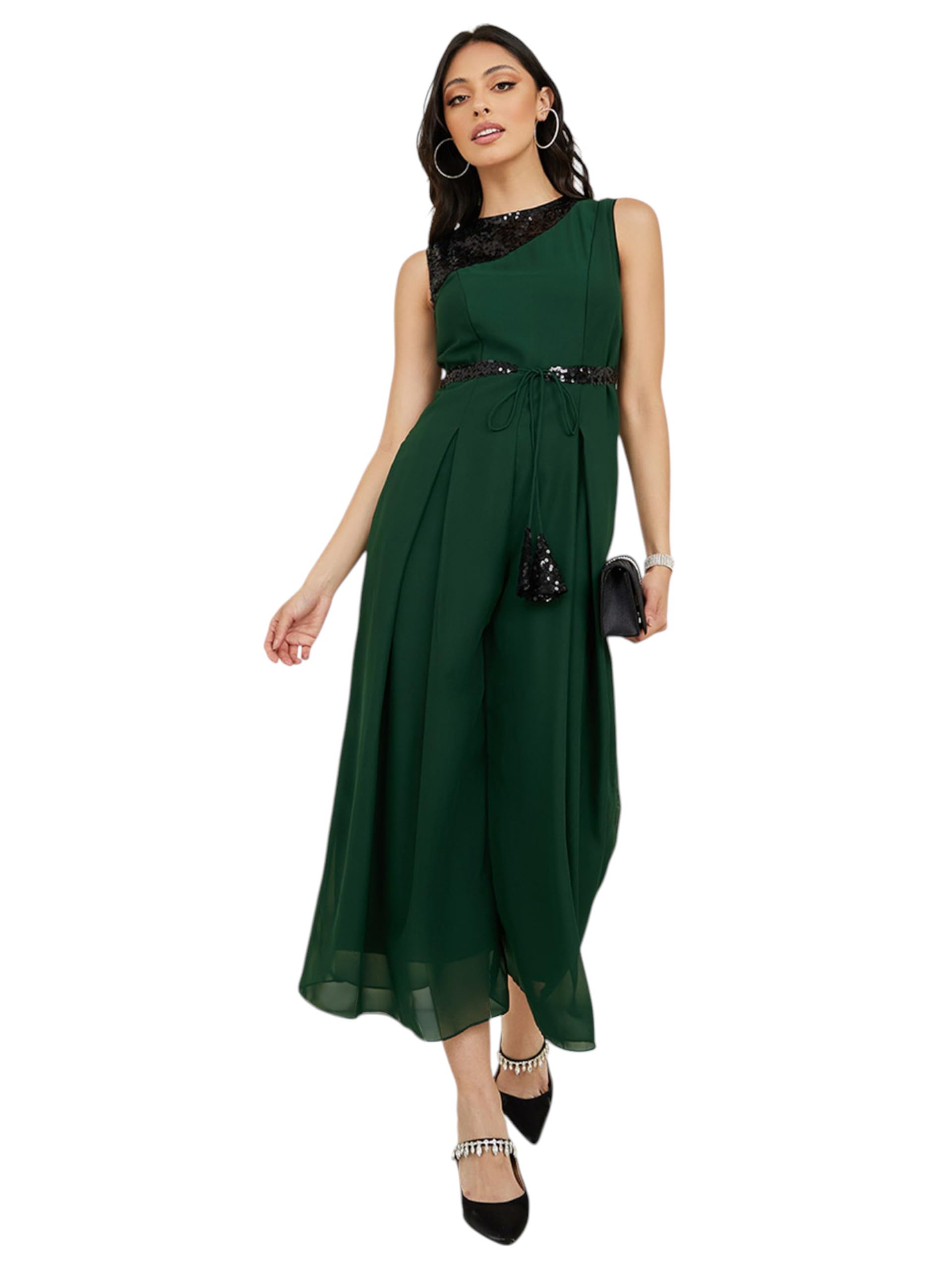 Miss Chase Womens Relaxed Fit Sleeveless Round Neck Ankle-Length Straight Jumpsuit (MCSS25D92-77-166-06, Multicolored Base Gree