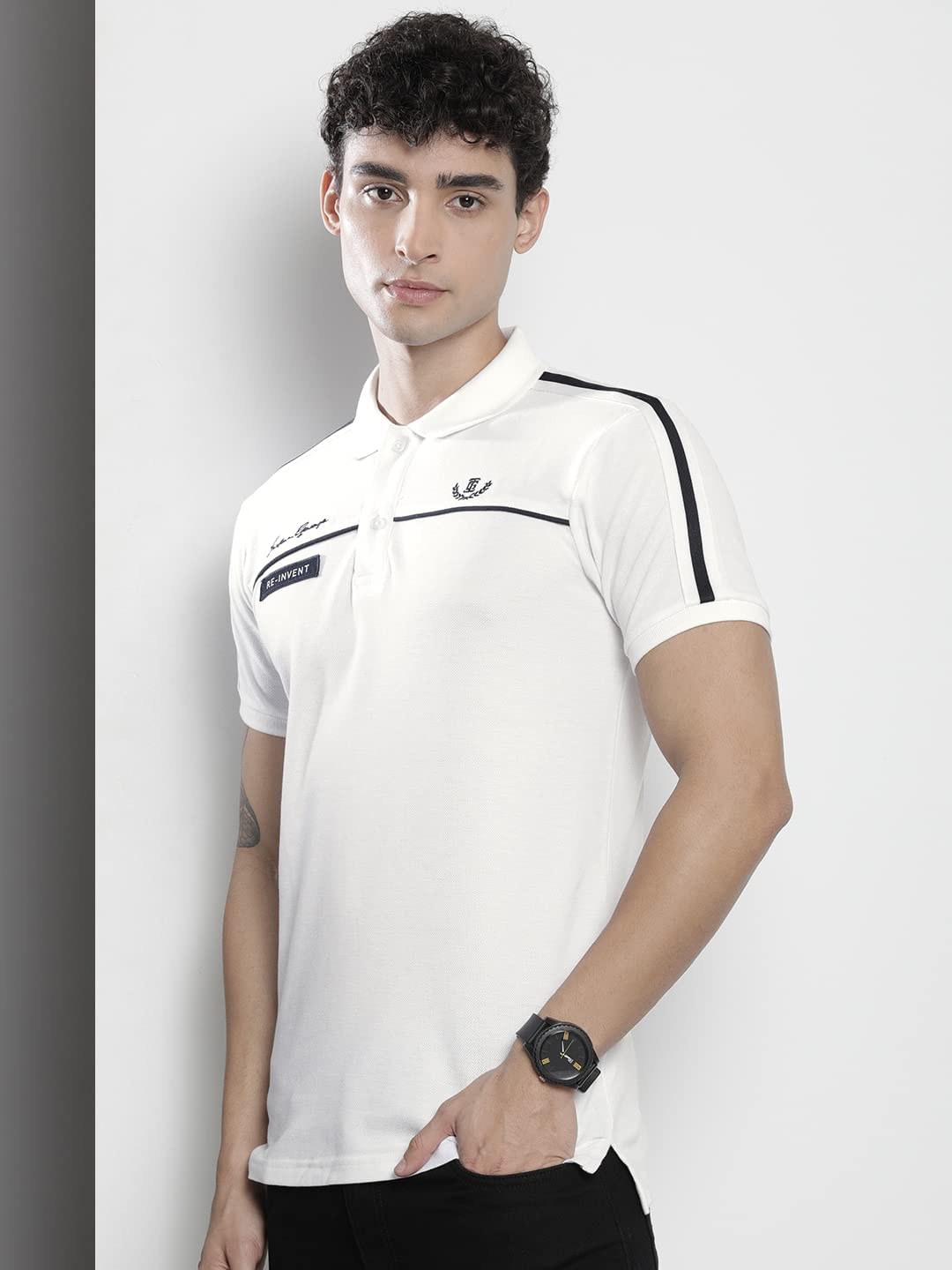 The Indian Garage Co Men Slim Fit Solid Polo Collar Tshirt White