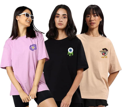 Juneberry Pure Cotton Oversized Loose Baggy Fit Drop Shoulder Half Sleeve Cool Front & Back Graphic Printed Round Neck T-Shirt F