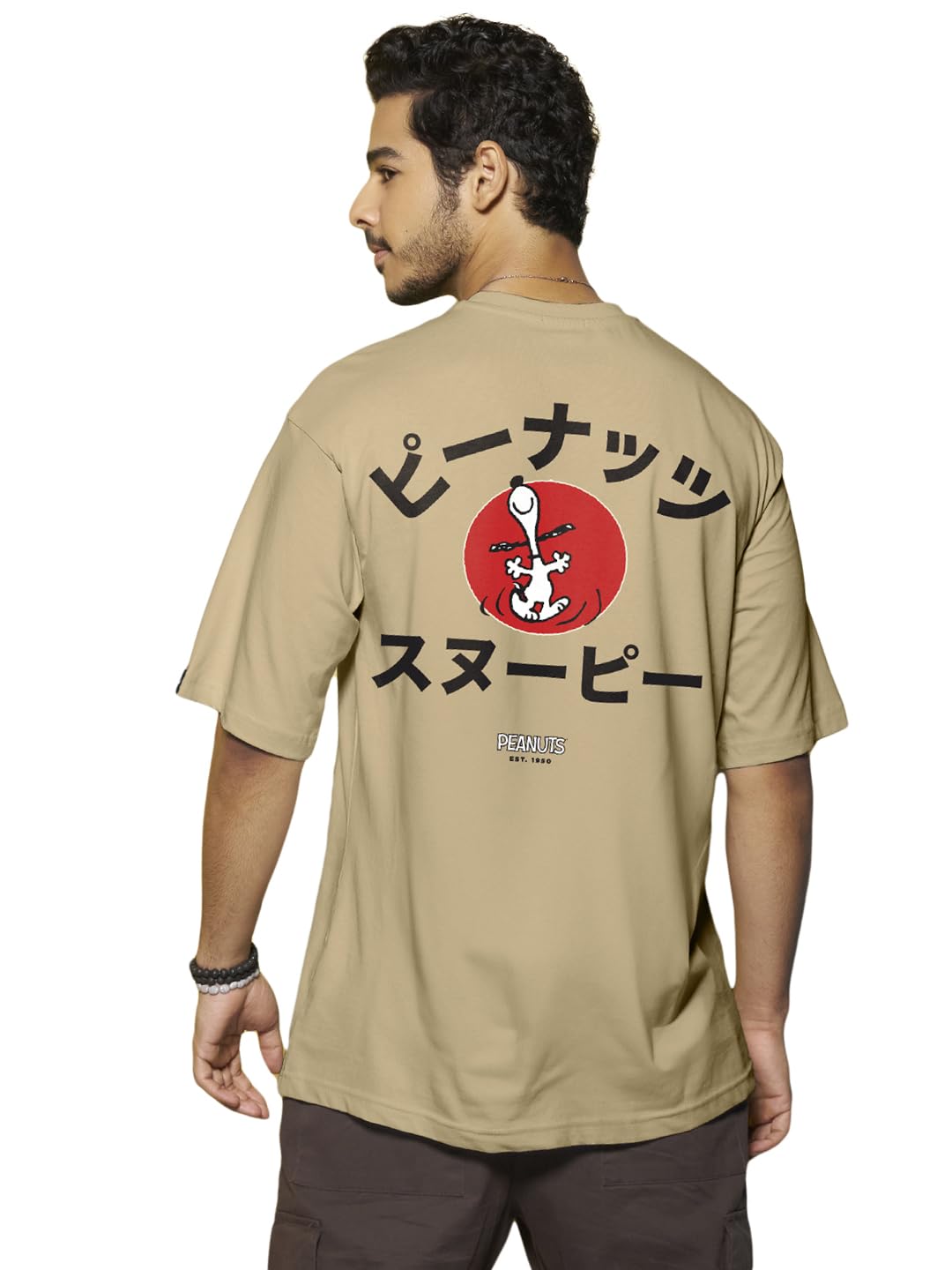 Bewakoof Official Peanuts Merchandise Mens Snoopy Jap Graphic Print Cotton Jersey T-Shirt - Oversized Fit, Round Neck, Half Sle