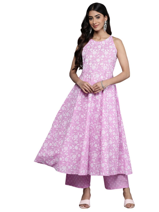 Varanga Women Lavender and White Floral Printed Anarkali Kurta Paired with Tonal Bottom