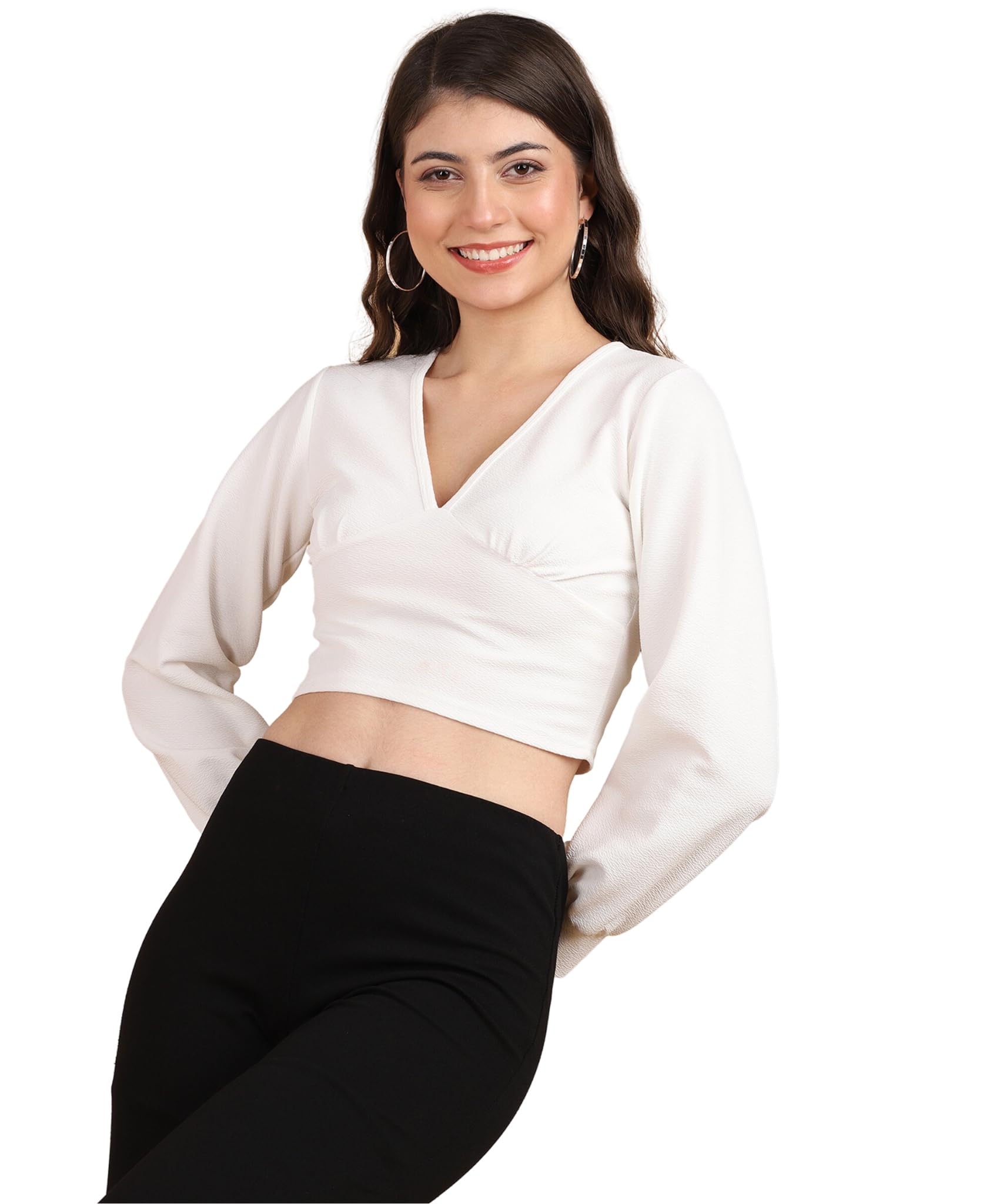 POPWINGS Women Casual Self Design White Deep V Neck Full Sleeve Crop Top