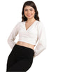 POPWINGS Women Casual Self Design White Deep V Neck Full Sleeve Crop Top