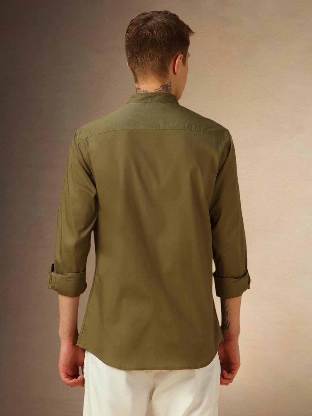Dennis Lingo MenS Lt Olive Full Sleeve Mandarin Collar Solid Regular Fit Casual Shirt
