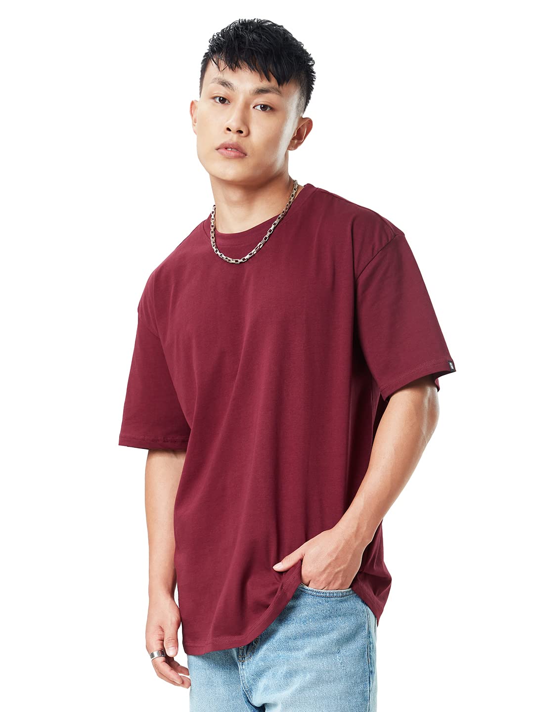 The Souled Store Men Basic Burgundy Solid Oversized T Shirts for Men Baggy Off-Shoulder Loose Fit Relaxed Drop Shoulder Half Sle