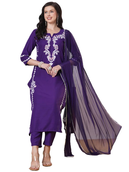 Gosriki WomenS Rayon Viscose Embroidered Straight Kurta With Pant & Dupatta (Jayashuda Begani-Vks02-Gs_Xxl_Begani_Xx-Large)
