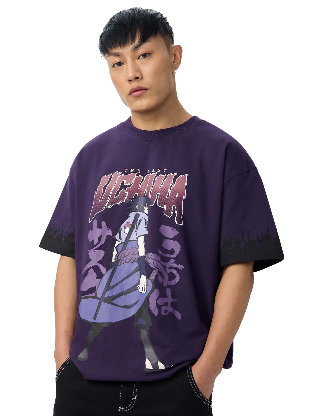 The Souled Store Naruto Shippuden: Uchiha Legacy Men and Boys Short Sleeves Round Neck Purple Graphic Printed Cotton Oversized T
