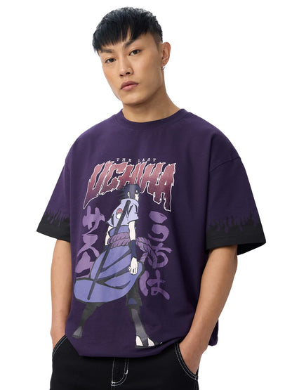 The Souled Store Naruto Shippuden: Uchiha Legacy Men and Boys Short Sleeves Round Neck Purple Graphic Printed Cotton Oversized T