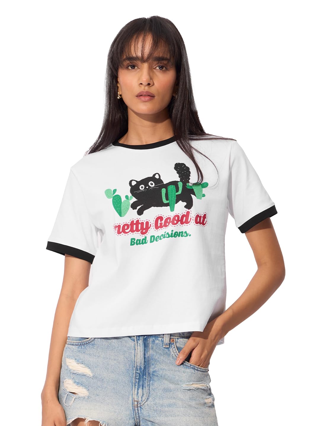 The Souled Store Originals: Bad Decisions Women and Girls Short Sleeves Round Neck Cotton Relaxed Fit T-Shirts White