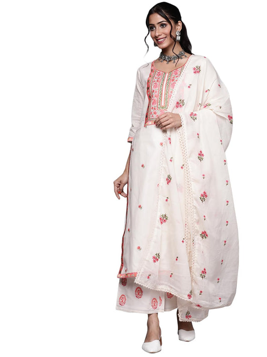 Libas Womens Yoke Design Cotton Straight Kurta With Palazzos And Dupatta