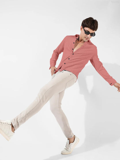 Finivo Fashion MenS Cotton Casual Striped Button Down Shirts Long Sleeve Textured Summer Beach Shirt For Men Peach