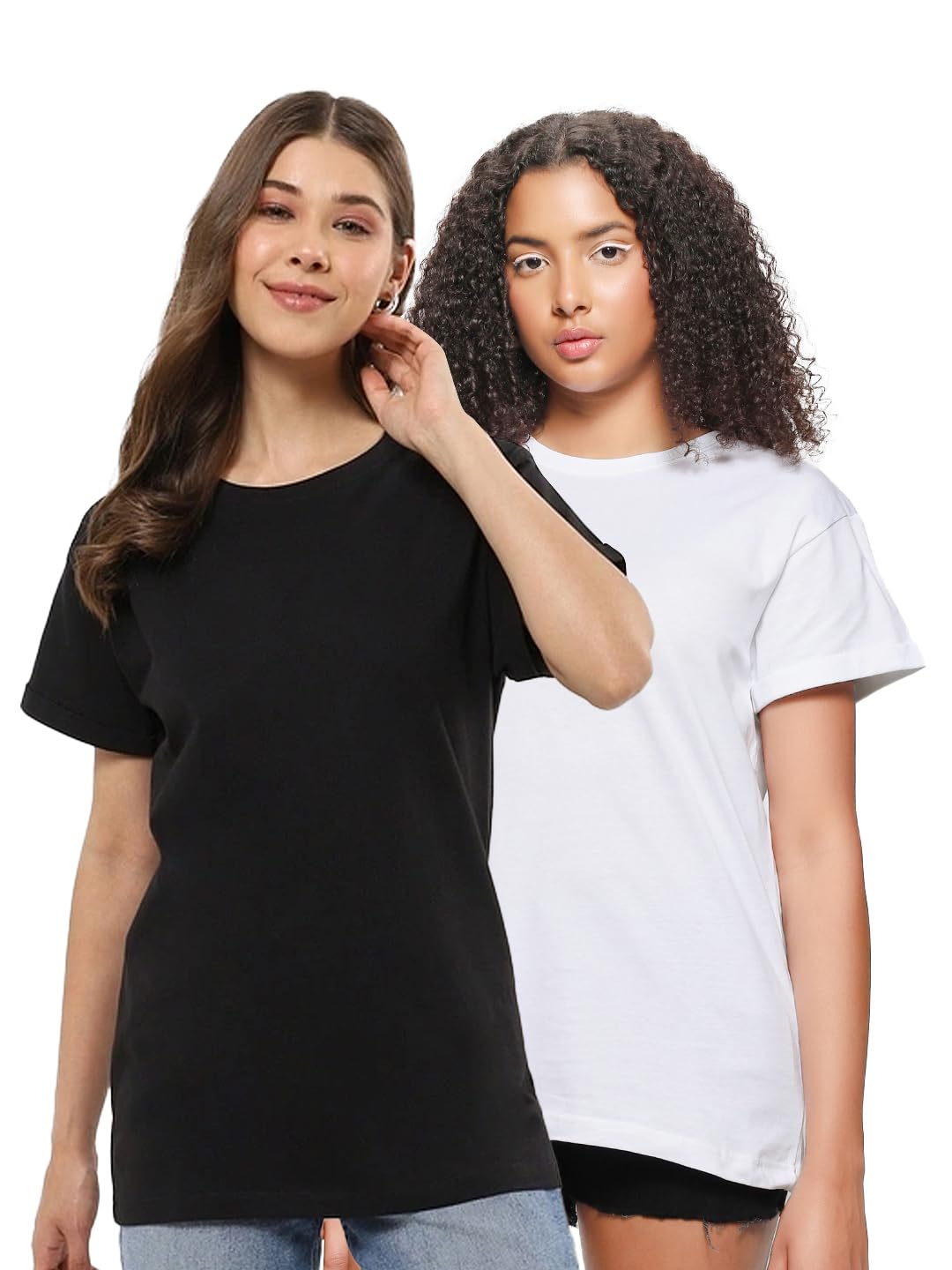 Bewakoof Womens Solid Boyfriend Fit Half Sleeve Round Neck Cotton Jersey T-Shirt (Pack of 2)_645137_Black_L