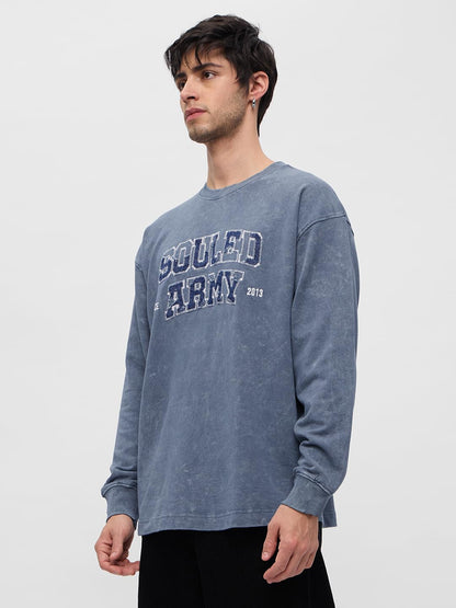 The Souled Store Souled Army Men and Boys Round Neck Blue Embroidered Cotton Oversized Full Sleeve T-Shirts
