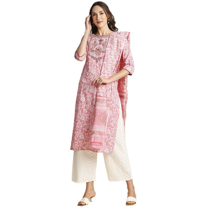 anubhutee Floral Embroidered Cotton Straight Kurta Palazzos Suit Set with Dupatta for Women