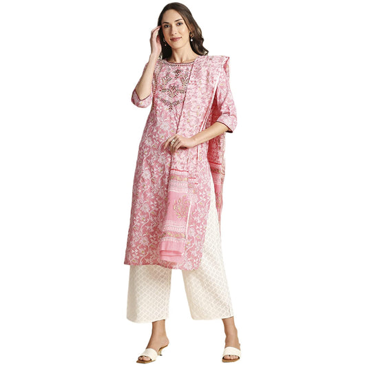 anubhutee Floral Embroidered Cotton Straight Kurta Palazzos Suit Set with Dupatta for Women