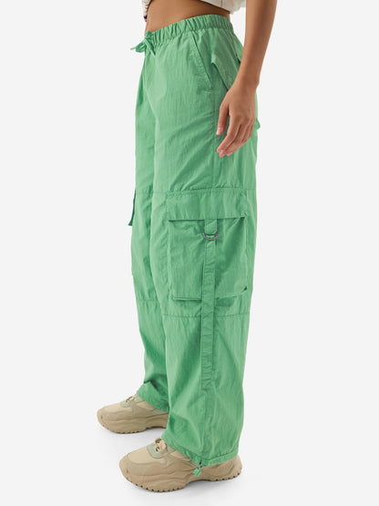 The Souled Store Kelly Green Women & Girls Drawstring Toggle Leg Closure Solid Nylon Parachute Pants
