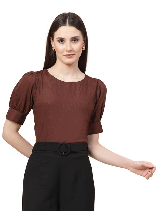 Style Quotient Women Brown Solid Polyester Regular Smart Casual Top