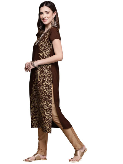 ZIYAA Regular Women's Brown Crepe Straight Kurta