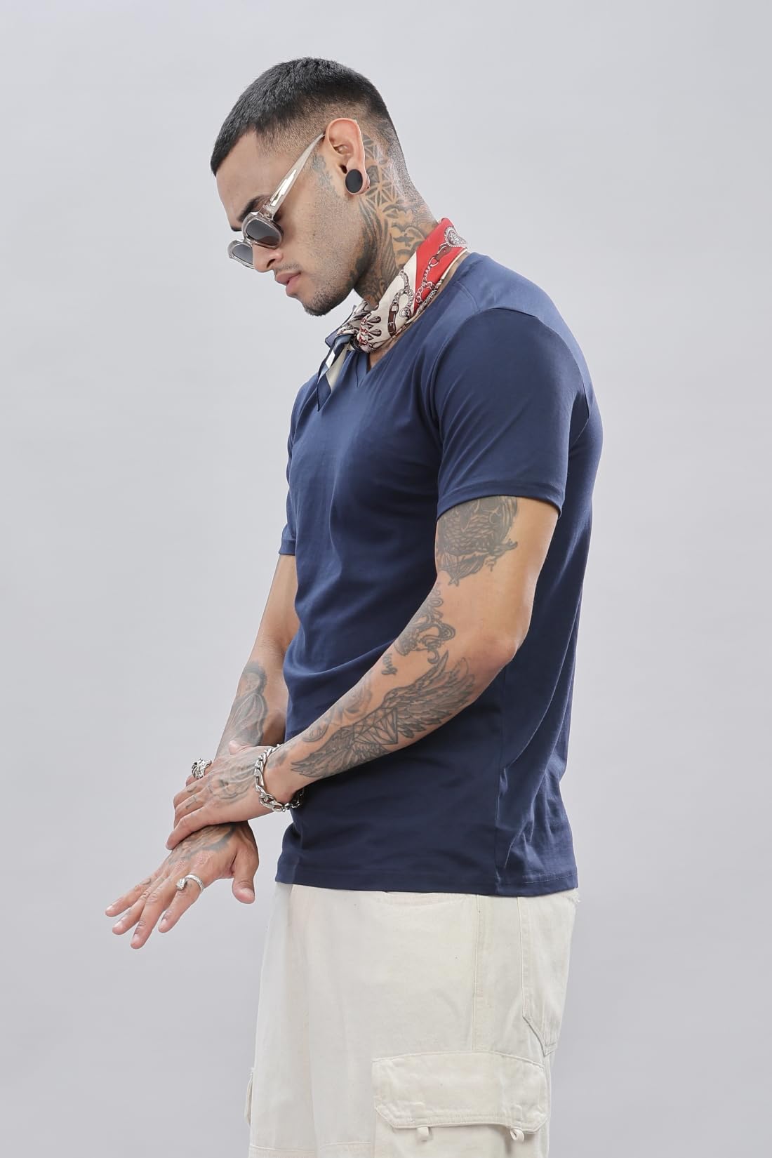 ADRO Men's V Neck Solid Cotton T-Shirt (VN-M-PLN-NB_Navy)