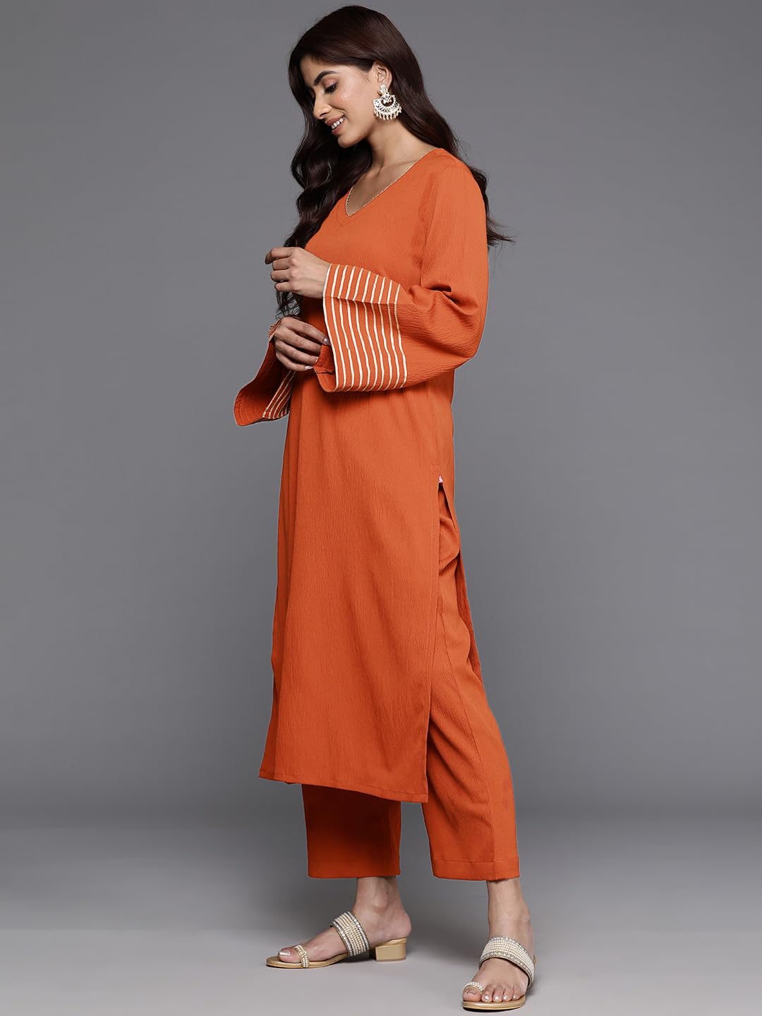 Varanga Women Rust Solid V-Neck Embellished With Gota Straight Kurta Paired With Tonal Bottom And Dupatta