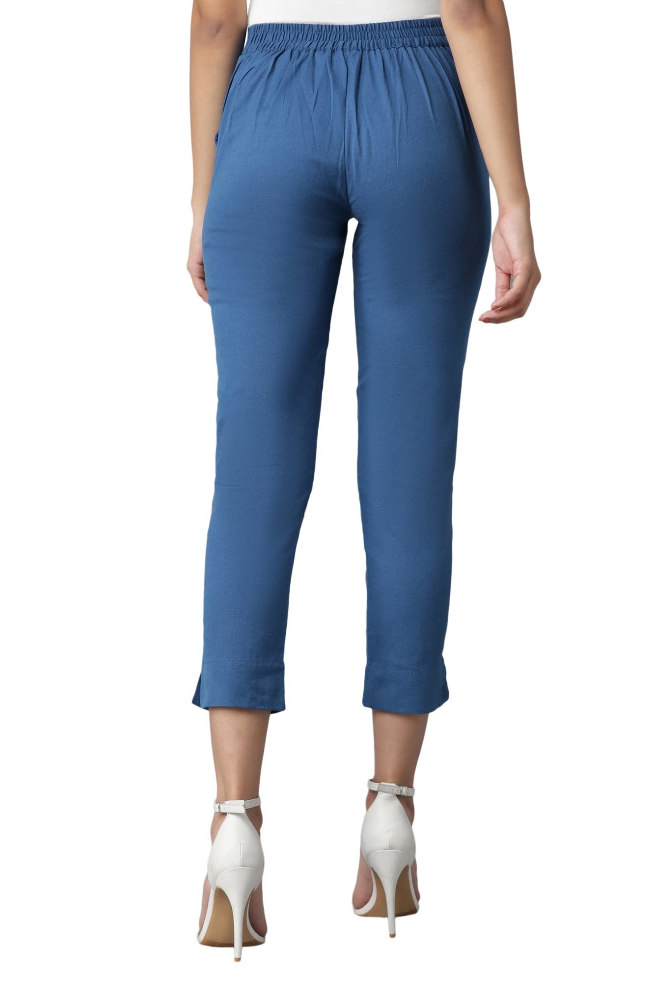 Digital Shopee Women Regular Fit Elastic Waist Full Length Cotton Formal Trouser For Casual Wear, Office Wear Teal Blue