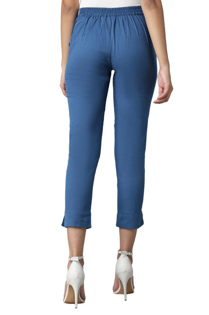 Digital Shopee Women Regular Fit Elastic Waist Full Length Cotton Formal Trouser For Casual Wear, Office Wear Teal Blue