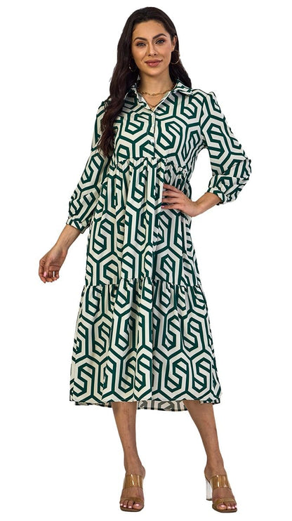 Shasmi Women & Girls Solid Green Geometric Print Collared Dress With Long Cuffed Sleeves, Panelled Hem And A Button-Up Front Gat