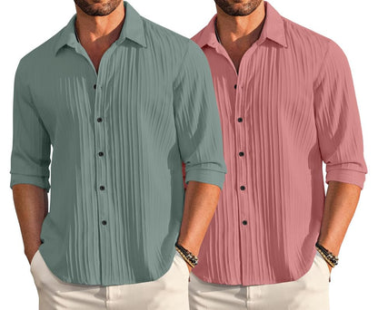 Macsivo Combo Of MenS Casual Button Down Shirts Long Sleeve Linen Shirt Fashion Textured Beach Summer Shirt Pack Of 2