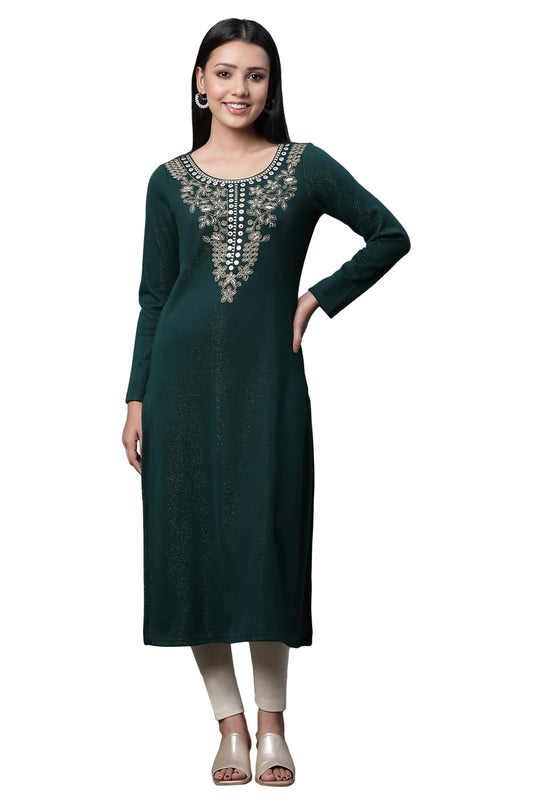 Aurelia Green Embroidered Winter Kurta and Tights Set