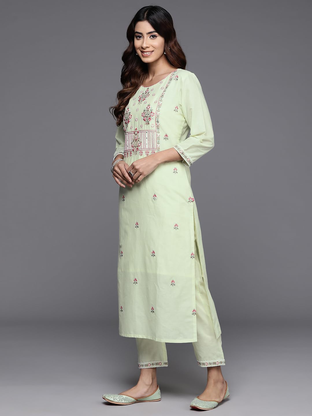 VARANGA Women Green Thread And Sequins Embroidered Kurta With Tonal Bottom And Dupatta