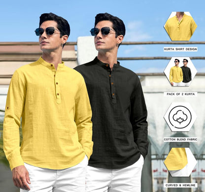 Macsivo Combo Of MenS Cotton Polyester Blend Solid Regular Fit Full Sleeve Short Kurta Pack Of 2 Yellow-Black